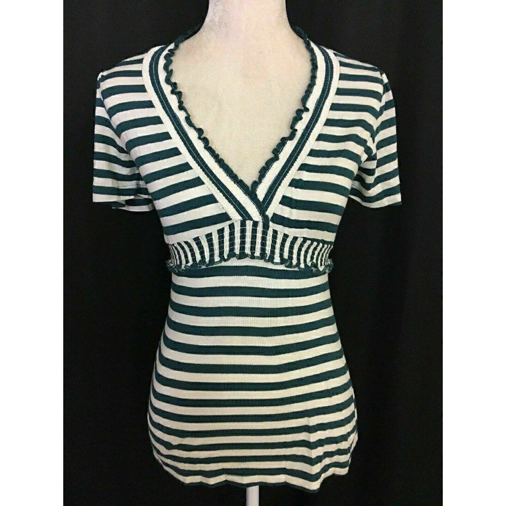 Bcbg maxazria Womens Teal Blue Green White striped Short Sleeve V Neck Top Xxs